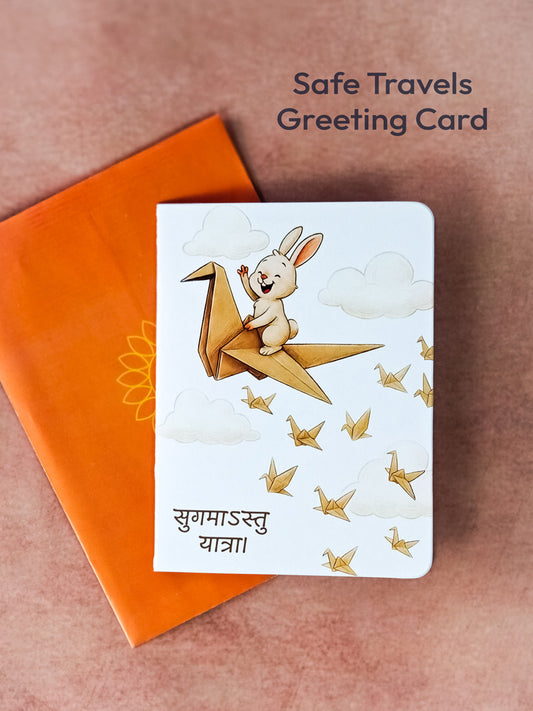 Happy Journey & Safe Travels Sanskrit Greeting Card | Cute Bunny Farewell & Good Luck Design